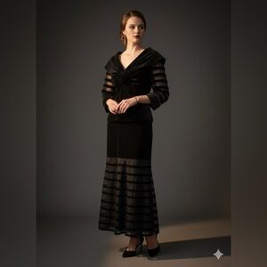 KM Collections by Milla Bell Black Velvet 2Piece Evening Set Floral Rose Accent